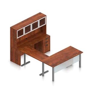 71″ Laminate L Desking with Credenza and Overhead Hutch,Pedestal Drawers