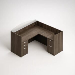 71″ Laminate Reception Desk with Frosted Glass Transaction Top, Additional 42″ Return and Pedestal Drawers