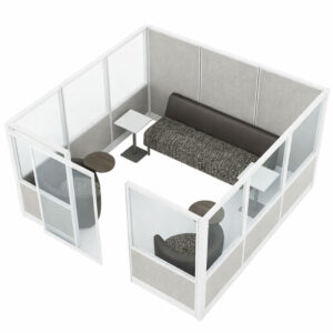 Compile Large 9×9 Single Cubicle with Glass Panels, Sliding Door & 2 Cafe Tables
