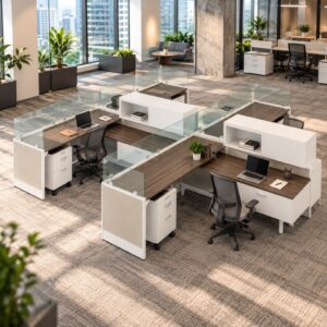 4-Person 6 x 6 Private Cubicle Workstations with Overhead Cabinets and Lower Storage