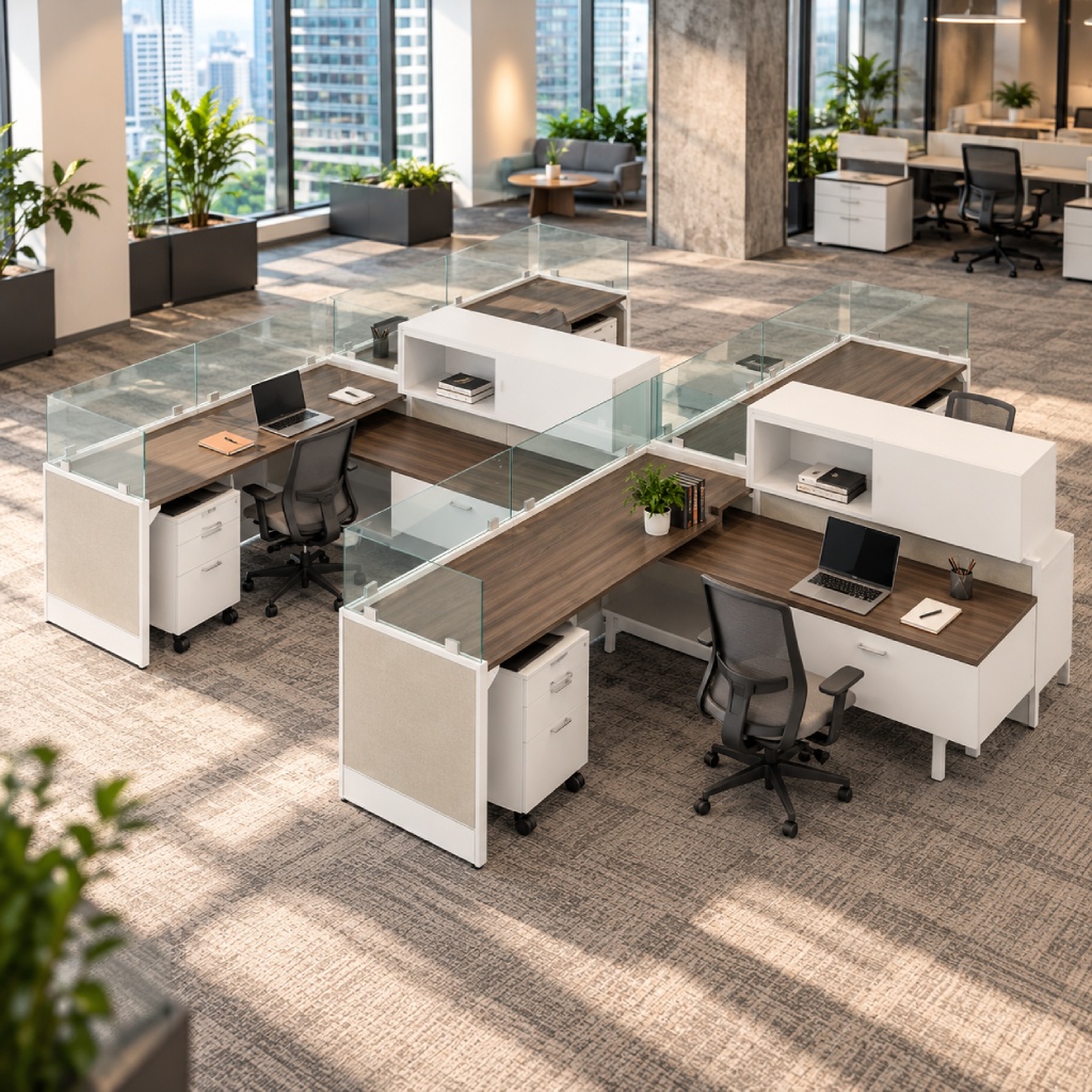 4-Person 6 x 6 Private Cubicle Workstations with Overhead Cabinets and Lower Storage