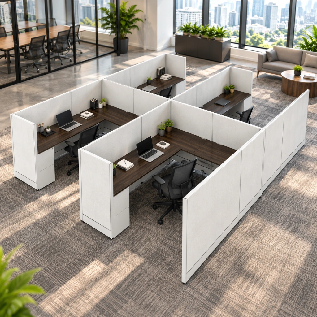 Quick-Ship Four-Station Corner Workstations with 6 x 6 Layouts and Tall Panels-gallery